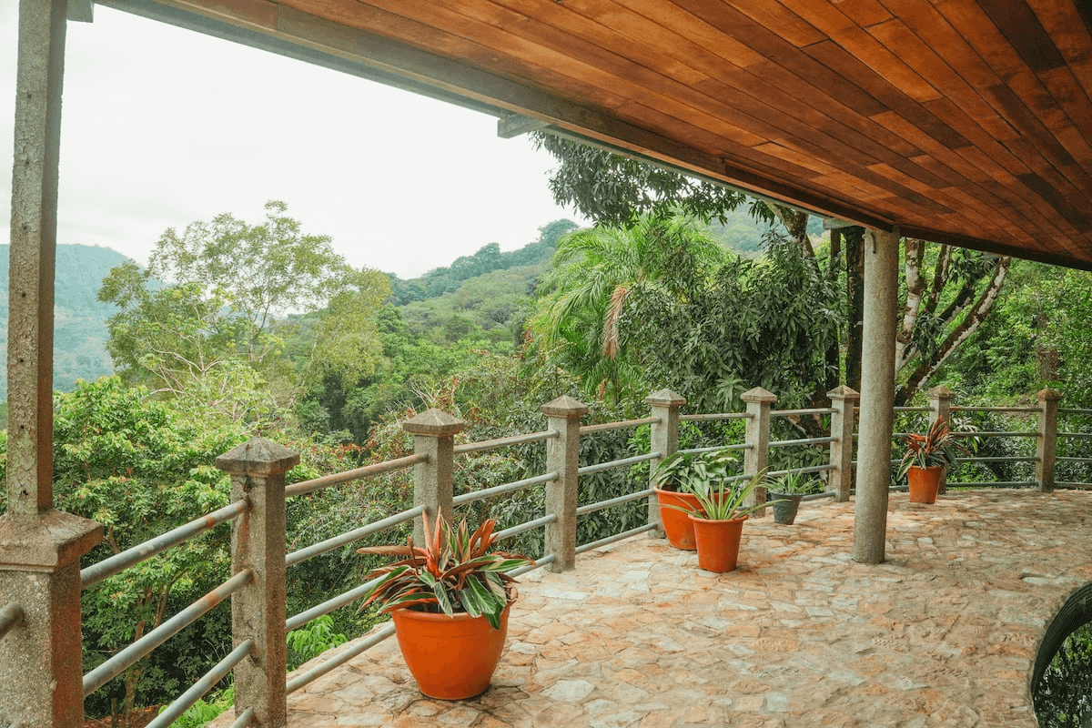 Terrace overlooking lush jungle mountains